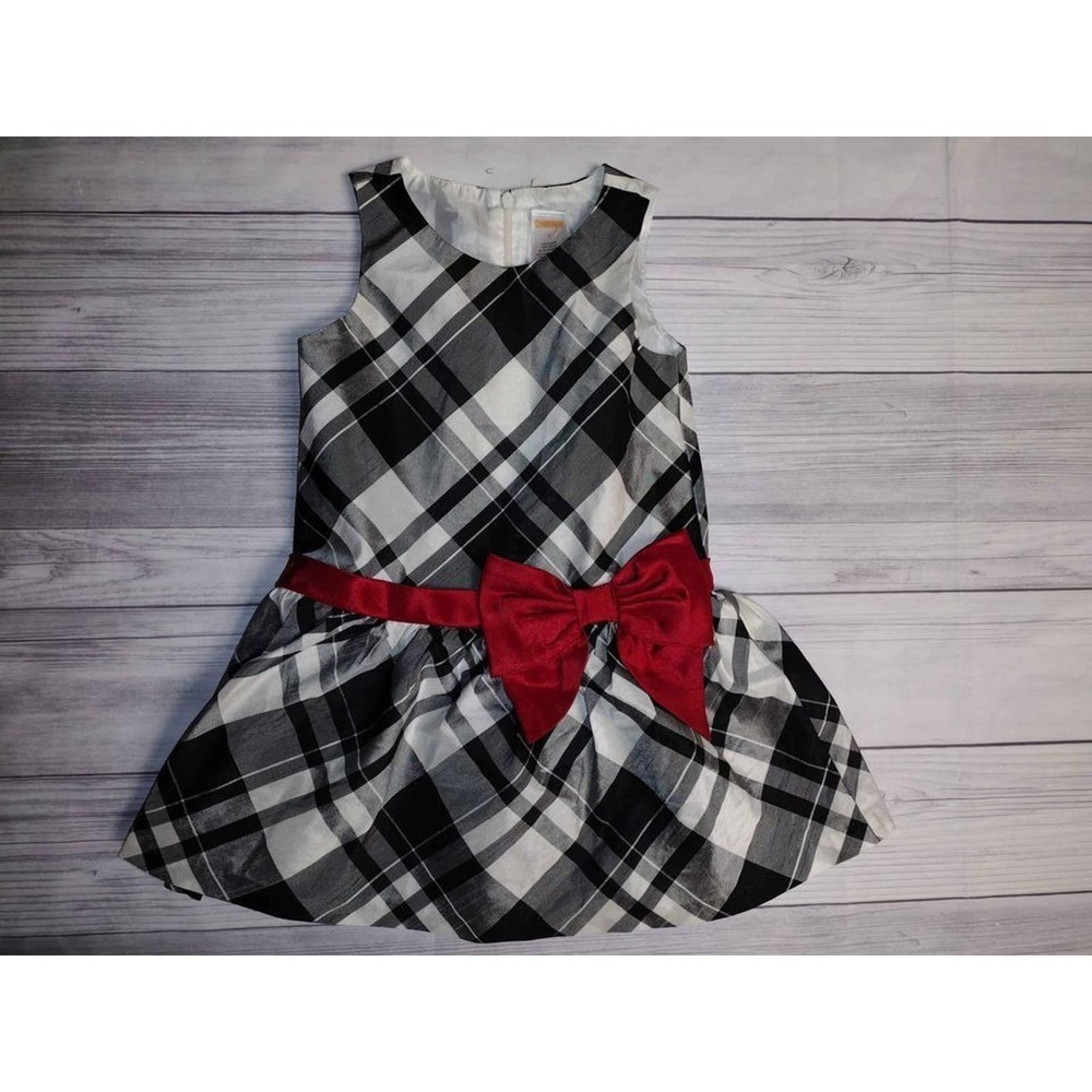 Girls Black & White Plaid Dress with Red Bow